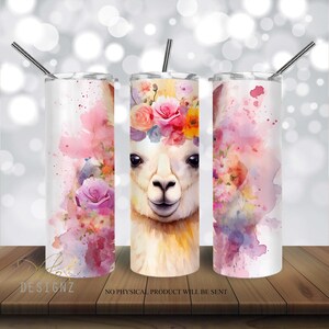 Llama Tumbler 20 oz Skinny Tumbler Sublimation, Watercolor Llama Floral Straight & Tapered Tumbler Wrap PNG, Instant Digital Download PNG