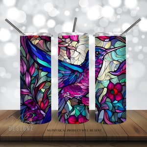 Hummingbird Stained Flowers Glass 20 oz Skinny Tumbler Sublimation Design, Straight & Tapered Tumbler Wrap PNG, Instant Digital Download PNG