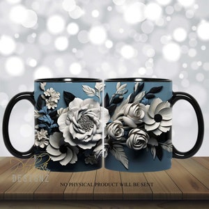 3D Flowers Blue Grey Mug Wrap, 12 oz 15 Oz Mug Sublimation Design, 3D Blue Floral Mug Sublimation, Mug Wrap PNG Digital download