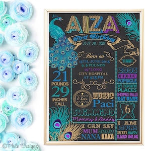 Peacock birthday chalkboard, Peacock theme birthday, Personalized, Peacock feather chalkboard, Blue Gold glitter Peacock Sign, Any Age