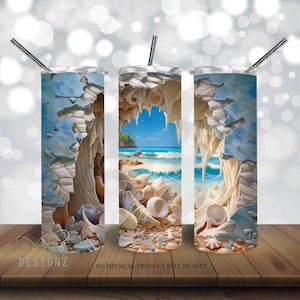 3D Cracked Wall Sea Shells Beach tumbler 20 oz Skinny Tumbler Sublimation Design, Island Beach Straight & Tapered Tumbler Wrap PNG, Digital
