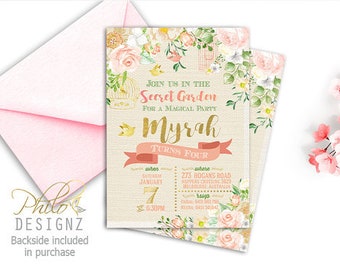 SALE Floral Invitation, Secret Garden Party, Boho Chic invitation, Rustic Burlap Invitation, Baby shower, tea party, Bridal