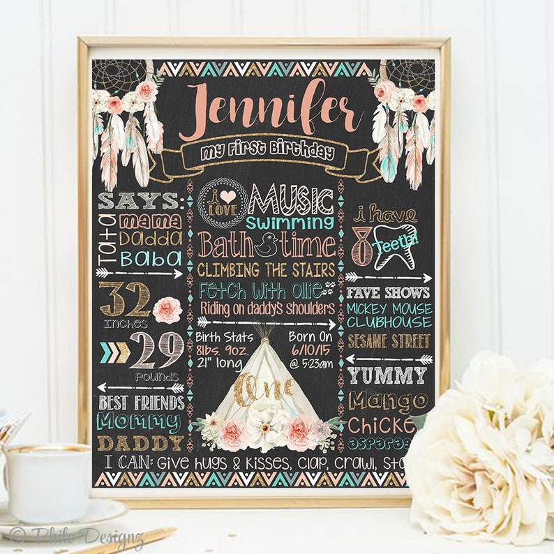 Pink Gold Teepee Sign Boho chalkboard SALE Tribal First Birthday Poster Pink Teal Boho Teepee Party Peach gold Girl Tribal Birthday