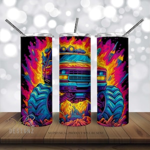 Neon Monster Truck Becher 20 oz Skinny Tumbler Sublimation Design, Truck Straight & Tapered Becher Wrap PNG, Becher für Ihn, Wrap PNG