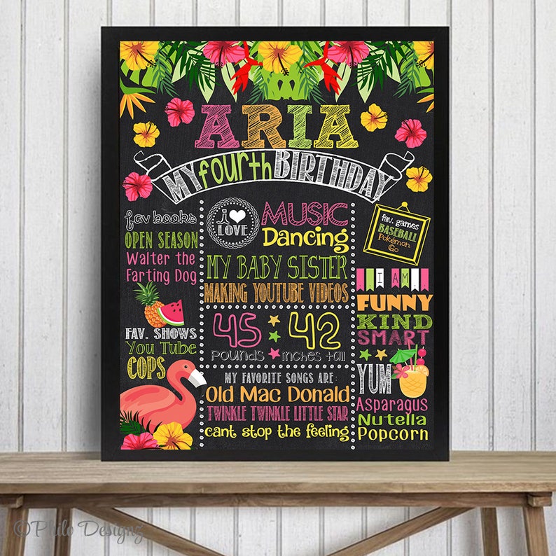 May include: A black chalkboard with a tropical theme, featuring the name "ARIA" and the text "My Fourth Birthday". The chalkboard is decorated with colorful flowers, palm leaves, and a pink flamingo. It includes details about the child's favorite books, shows, songs, and activities, along with their height and weight.