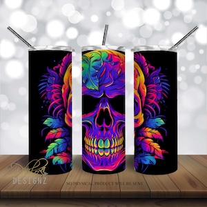 Neon Skull Tumbler, Bright Glow in dark 20 oz Skinny Tumbler Sublimation Design, Straight & Tapered Tumbler Wrap PNG, Instant Download PNG