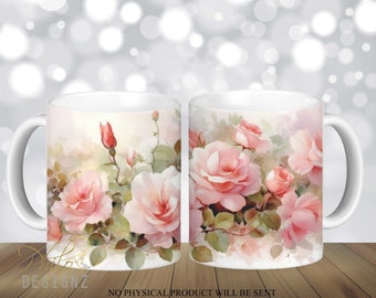 Pink Roses Watercolor Floral Mug Wrap, 12 oz And 15 Oz Mug Sublimation Design, Roses Mug Sublimation, Mug Wrap PNG Digital download