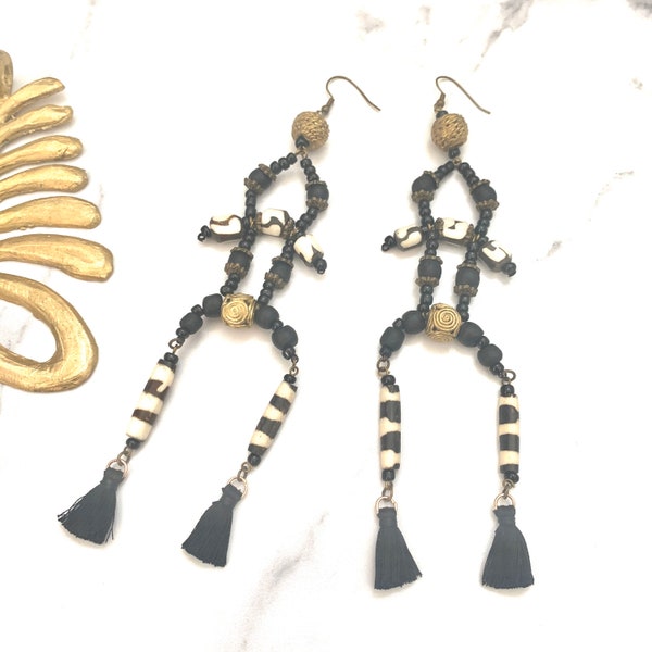 Dancers - dangle earrings, batik bone bead earrings, fun earrings, bohemian earrings, beaded earrings