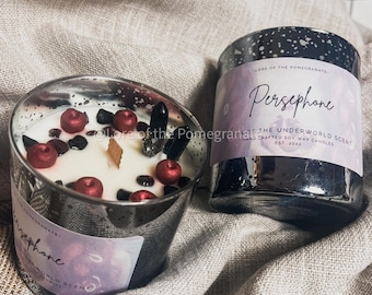 Persephone | Pomegrante Scent | 10oz Matte Black Candle | Crystal Candles | Mythology Candle | Soy Wax | Wood Wick | Hand Poured