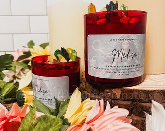 Medusa / Aroma herbal ligero / VELA DE CARIDAD / Vela de vidrio rojo de 10 oz / Velas de cristal / Vela mitológica / Cera de soja / Mecha de madera