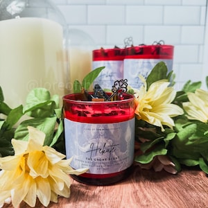 Hekate | Woodsy Scent | 10oz Red Glass Candle | Crystal Candles | Mythology Candle | Soy Wax | Wood Wick | Hand Poured