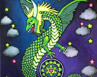 adorabile dipinto originale di drago verde