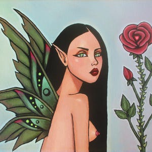 May include: An illustration of a fairy with green wings and long black hair. The fairy has fair skin, green eyes, and red lips. A red rose with a heart-shaped center is next to the fairy.