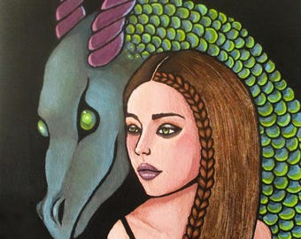 ragazza con drago dipinto originale