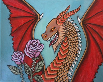 Pintura original de dragón con rosas
