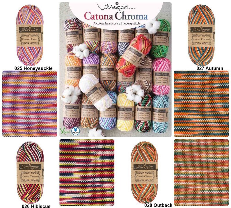 May include: A collection of 10 skeins of Scheepjes Catona Chroma yarn in various colors, including orange, yellow, green, blue, red, and purple. Each skein has a label with the brand name and the yarn name "Catona Chroma". The yarn is arranged in a grid pattern with cotton balls in between each skein. The image also shows swatches of the yarn in different colors, including Honeysuckle, Hibiscus, Outback, and Autumn.