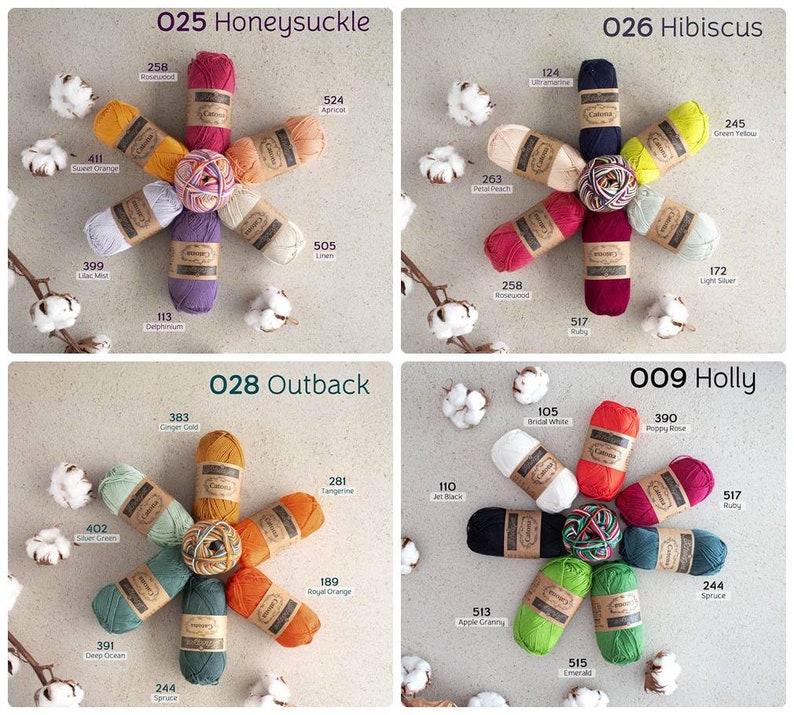 May include: A collection of 10 different colored yarn skeins arranged in a starburst pattern. Each skein has a number and a color name printed on a label. The yarn is labeled with the brand name "Caterpillar".