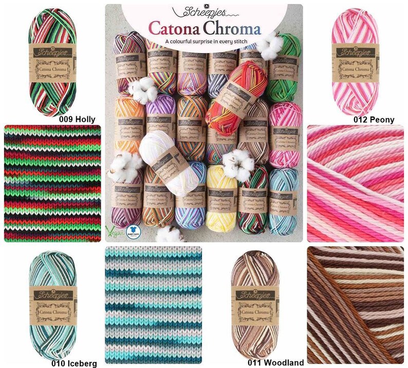 May include: A collection of 10 skeins of Scheepjes Catona Chroma yarn in various color combinations. The yarn is displayed in a grid format with each skein labeled with a number and a color name. The yarn is a variegated yarn with stripes of different colors.