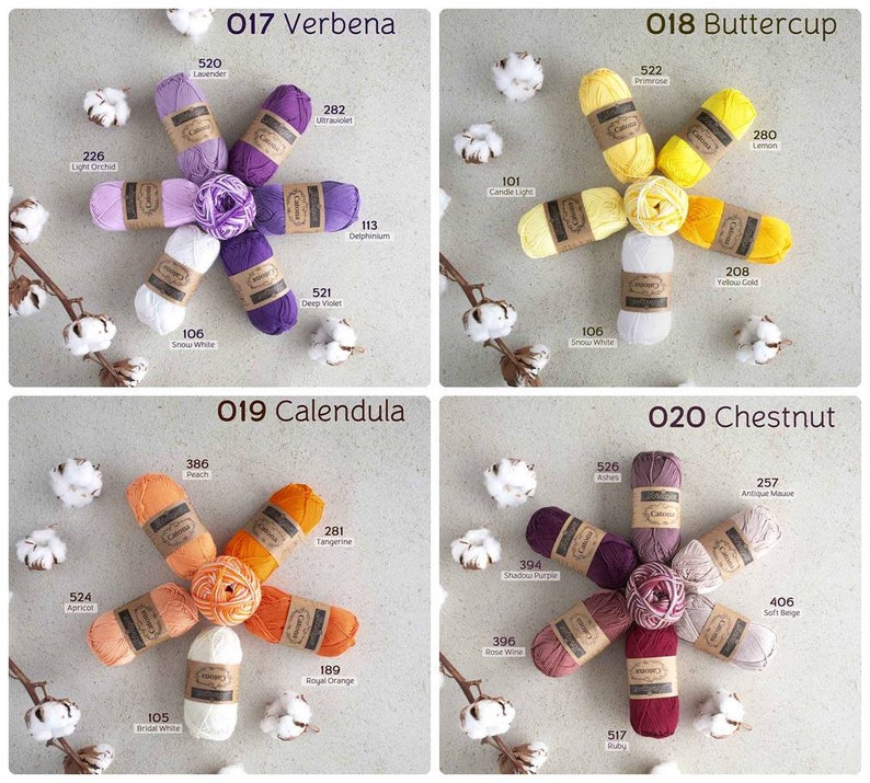 May include: A collection of 10 different colored yarn skeins arranged in a circle. Each skein has a label with a number and a color name. The colors include light orchid, apricot, snow white, bridal white, peach, candle light, tangerine, shadow purple, royal orange, rose wine, ashes, ruby, lavender, ultra violet, deep violet, delphinium, primrose, lemon, yellow gold, antique mauve, and soft beige.