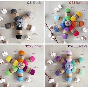 May include: A collection of yarn skeins in various colors, arranged in a circular pattern. The yarn is labeled with numbers and color names, such as "Tangerine", "Shocking Pink", "Electric Blue", and "Candy Apple".