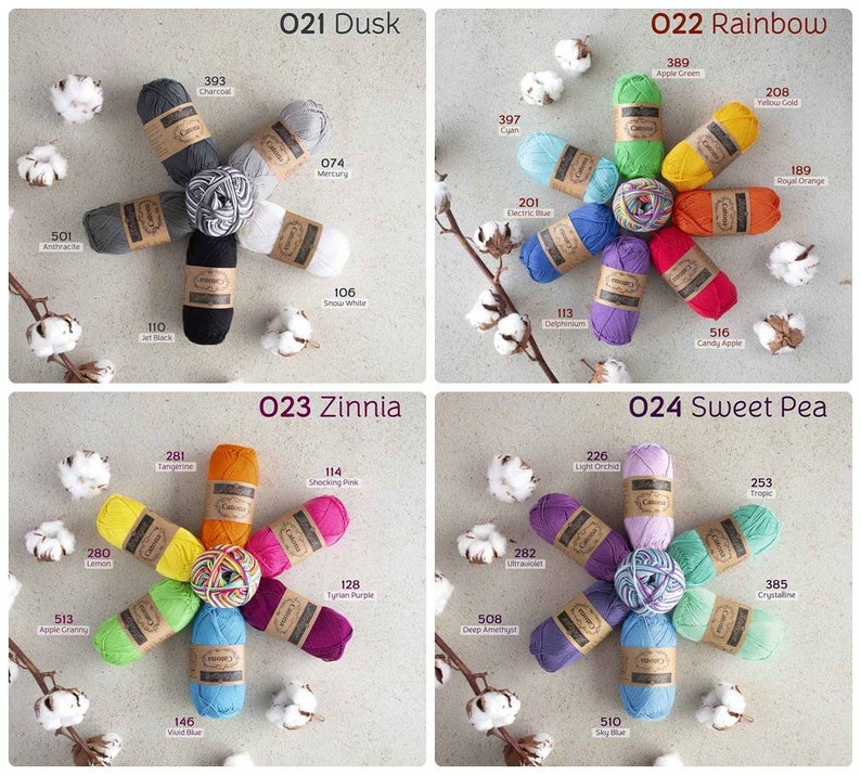 May include: A collection of yarn skeins in various colors, arranged in a circular pattern. The yarn is labeled with numbers and color names, such as "Tangerine", "Shocking Pink", "Electric Blue", and "Candy Apple".
