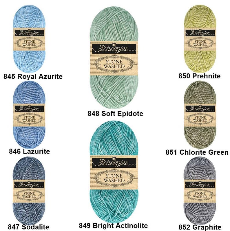 May include: Assortment of Scheepjes Stone Washed yarn in various colors, including royal azurite, lazurite, sodalite, soft epidote, bright actinolite, prehnite, chlorite green, and graphite.