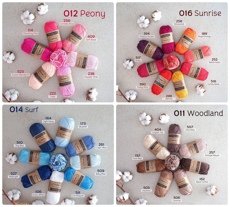 May include: Assortment of yarn skeins in various colors, including pink, red, orange, yellow, blue, brown, and white. Each skein is labeled with a number and a color name. The yarn is arranged in a circular pattern, with the labels facing outward.