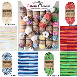 May include: A collection of 10 skeins of Scheepjes Catona Chroma yarn in various colors, including meadow, surf, grassland, and sunrise. Each skein has a label with the brand name and yarn name.