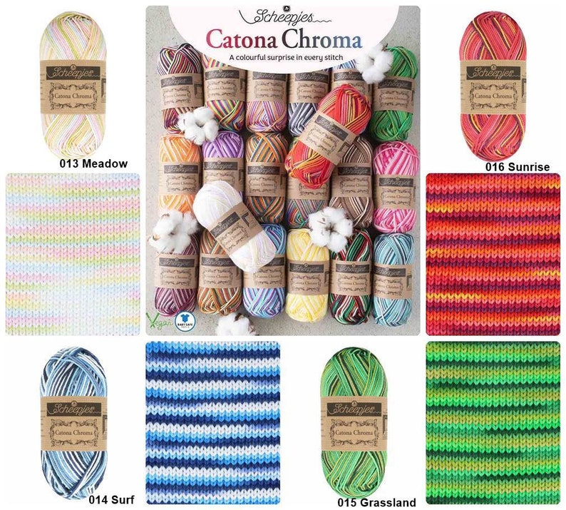 May include: A collection of 10 skeins of Scheepjes Catona Chroma yarn in various colors, including meadow, surf, grassland, and sunrise. Each skein has a label with the brand name and yarn name.