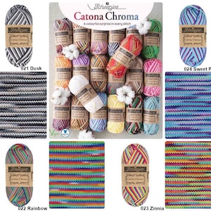 May include: A collection of colorful yarn skeins with the text "Scheepjes Catona Chroma" and "A colourful surprise in every stitch". The yarn skeins are arranged in a circle with cotton balls in between. The yarn skeins are in various colors, including red, orange, yellow, green, blue, purple, and pink. The yarn skeins are labeled with numbers and names, including "021 Dusk", "022 Rainbow", "023 Zinnia", and "024 Sweet Pea".