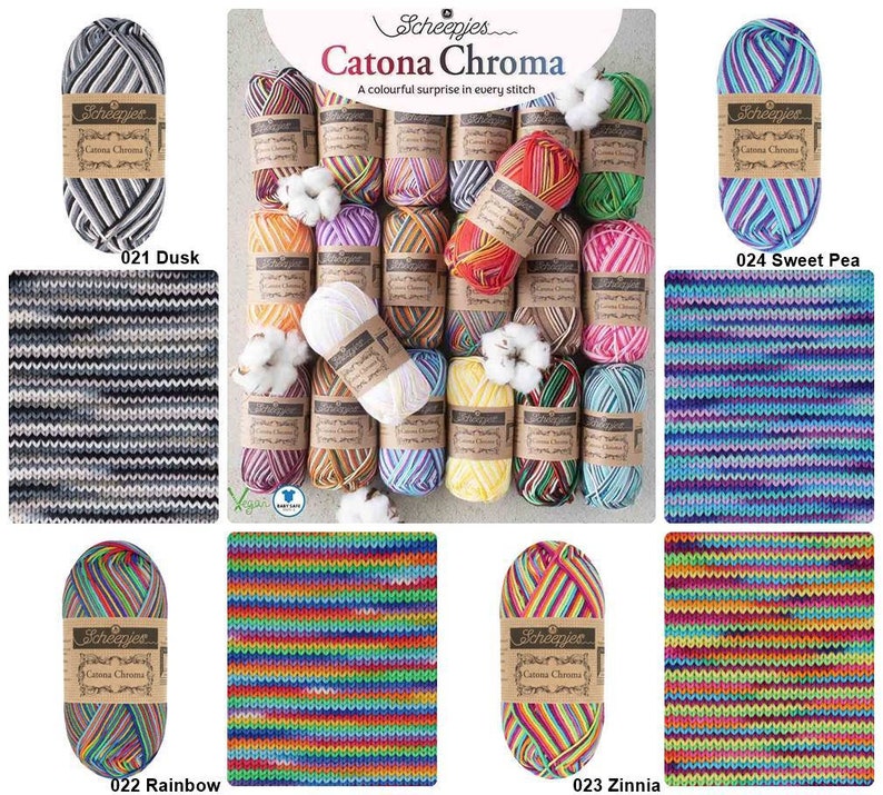May include: A collection of colorful yarn skeins with the text "Scheepjes Catona Chroma" and "A colourful surprise in every stitch". The yarn skeins are arranged in a circle with cotton balls in between. The yarn skeins are in various colors, including red, orange, yellow, green, blue, purple, and pink. The yarn skeins are labeled with numbers and names, including "021 Dusk", "022 Rainbow", "023 Zinnia", and "024 Sweet Pea".