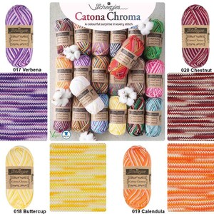 May include: A collection of 10 skeins of Scheepjes Catona Chroma yarn in various colors, including purple, yellow, orange, and red. Each skein has a label with the brand name and yarn name. The yarn is displayed on a white background with cotton balls.