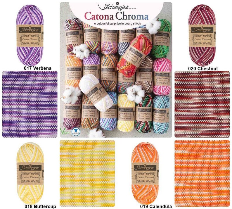 May include: A collection of 10 skeins of Scheepjes Catona Chroma yarn in various colors, including purple, yellow, orange, and red. Each skein has a label with the brand name and yarn name. The yarn is displayed on a white background with cotton balls.