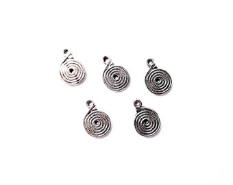 Silver tone round spiral charms - 5 pcs, Jewelry finding