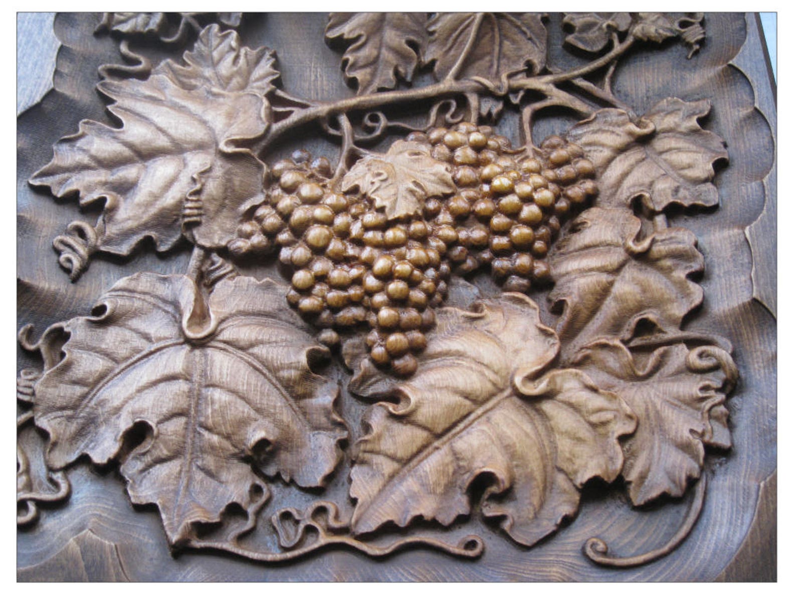 Wood Carving 3D Picture Art Relief Vine Grapes Wood Carved Panel Wall