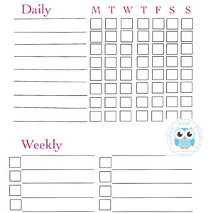 Puede incluir: Un planificador diario, semanal y mensual imprimible con casillas de verificación. El planificador tiene un logotipo de búho azul con el texto "Words With Meaning".