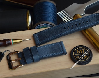 Correa de cuero vintage PULL-UP de La Bretagna, hecha a medida, de 22 mm, 24 mm, 26 mm y 27 mm, de piel Pam azul marino.