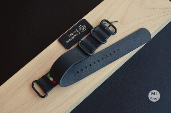 Bracelet De Montre En Cuir Artisanal Militaire Noir - 22mm - Fait Main En Italie - Compatible Marques Luxe