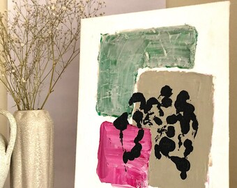 Modern abstract artwork original on canvas. Perfect gift for Christmas. Unique gifts for artistic friends. Contrasting pink and green tones.