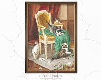 Vintage schilderij katten | Print met speelse katten | Antieke kunst katten | Kattenportretkunst | #44