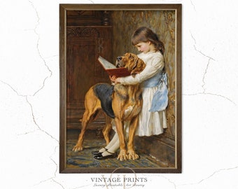 Girl with Dog Print | Vintage Wall Art | Farmhouse Decor | Pet Oil Painting | Girls Room Decor | #55