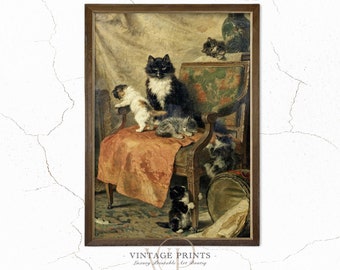 19th Century Cat Painting | Cat And Her Kittens Vintage Art Print | Kittens Playing Old Painting | Cute Cat Wall Decor | #47