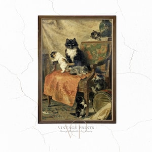 19th Century Cat Painting | Cat And Her Kittens Vintage Art Print | Kittens Playing Old Painting | Cute Cat Wall Decor | #47