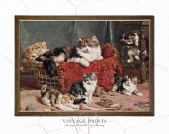 Vintage Mother Cat with her Kittens | Victorian Cat Poster | Digital Cat Print | Vintage Cat Painting | Cat Printable Wall Art | #69
