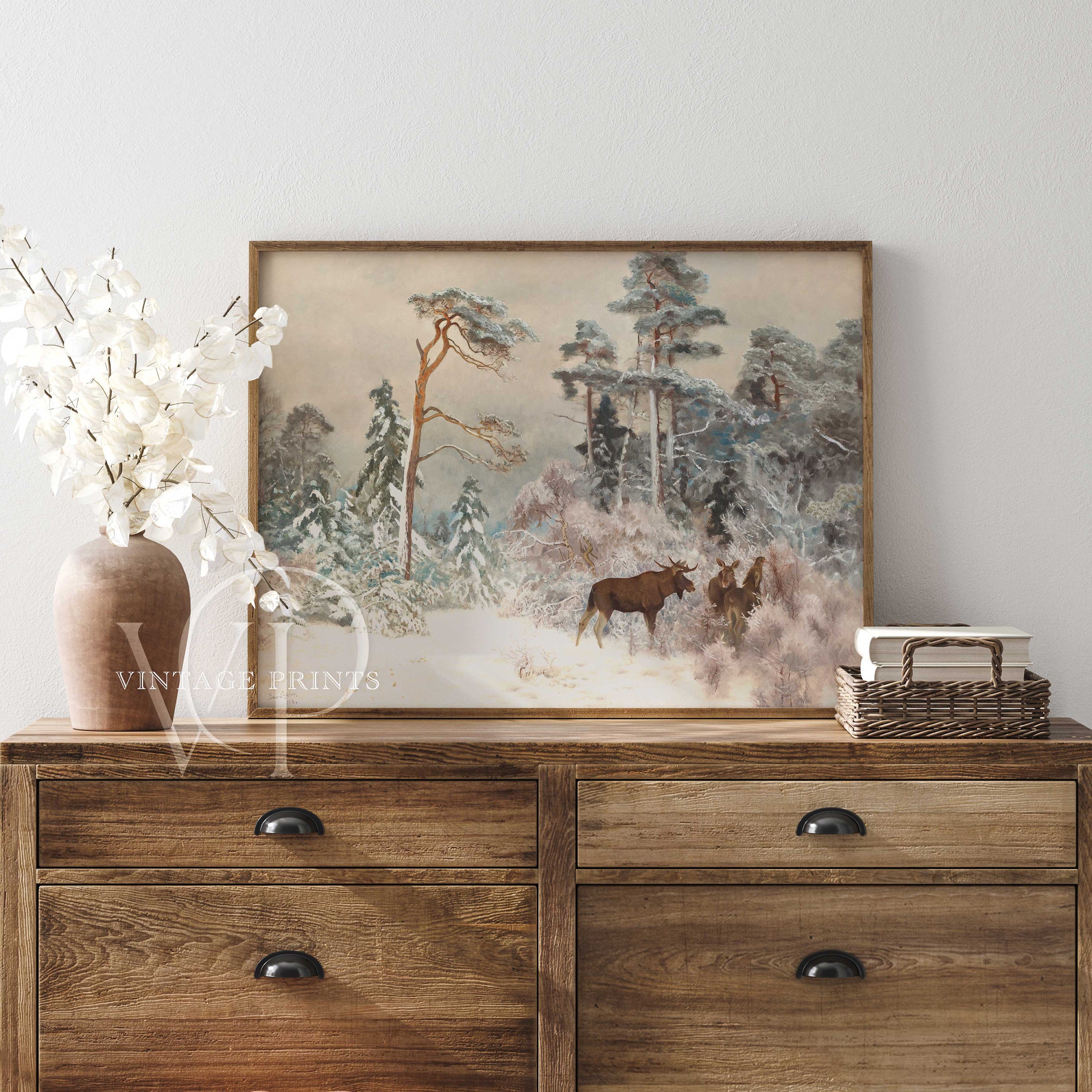 Rustic Deer Painting | Winter Landscape Print | Vintage Cabin Decor ...