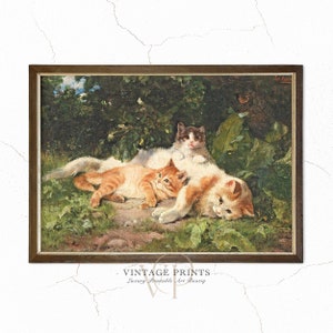 Mother Cat Nursing | Kittens Vintage Painting | Small Kittens Wall Art | Pet Cats Antique Art Print | Mom Cat Portrait Art | #37