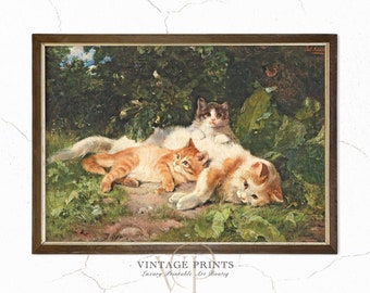 Mother Cat Nursing | Kittens Vintage Painting | Small Kittens Wall Art | Pet Cats Antique Art Print | Mom Cat Portrait Art | #37