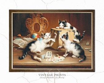 キティオリジナル油絵風景の中の子猫ミニ絵画ヴィンテージ猫アート動物