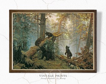 Könnte beinhalten: Ein Vintage-Druck eines Gemäldes, das eine Waldszene mit drei Bären zeigt, die auf einem umgestürzten Baumstamm stehen. Die Bären schauen zum Himmel, und der Wald ist voller hoher Bäume und üppiger Vegetation. Das Gemälde ist in einem braunen Holzrahmen gerahmt.
