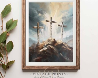 Calvary's Hill | Three Crosses Painting | Easter Art Print | Christian Faith Symbol | Religious Wall Decor | Instant Download | #540
